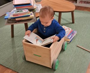 lesendes Kleinkind in Holzwagen