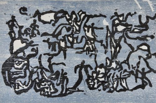 Holzdruck von Georg Christen blau mit schwarzen Gängen