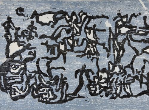 Holzdruck von Georg Christen blau mit schwarzen Gängen